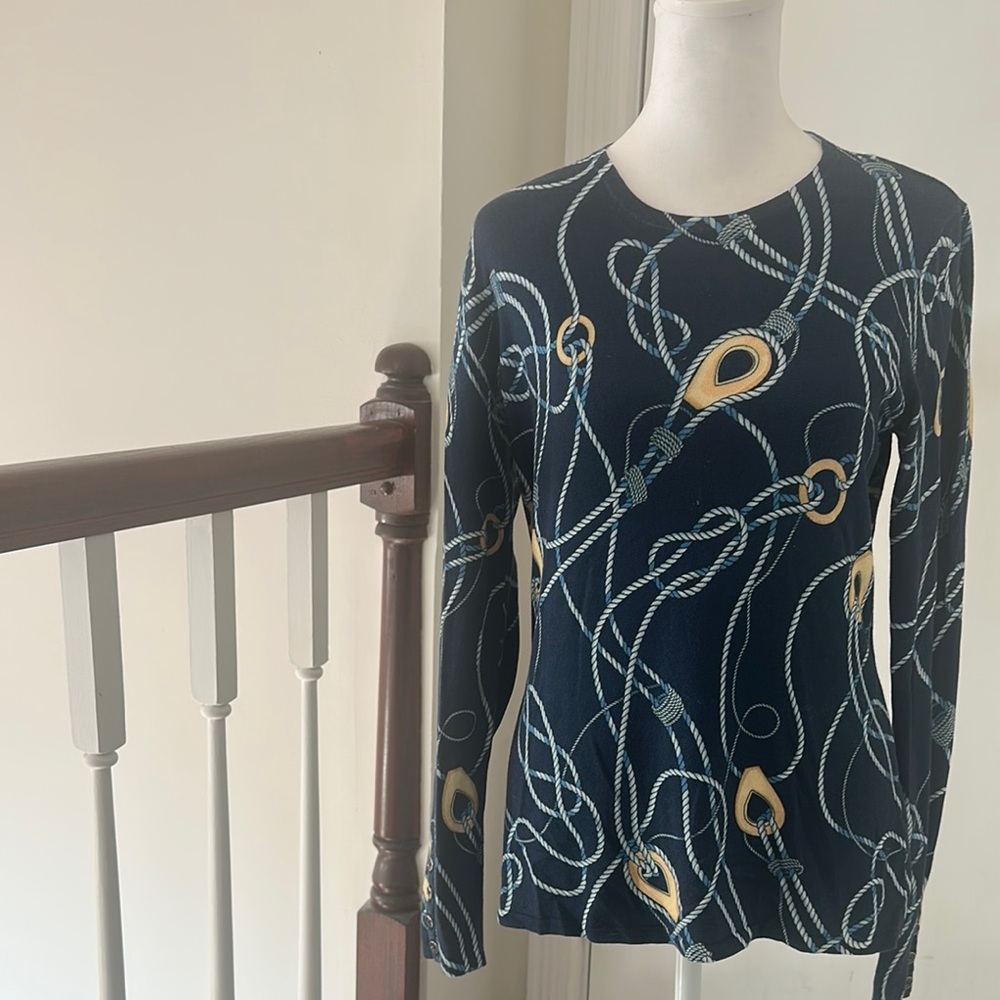 J. McLaughlin Navy Sweater with Gold and Cream Rope Design